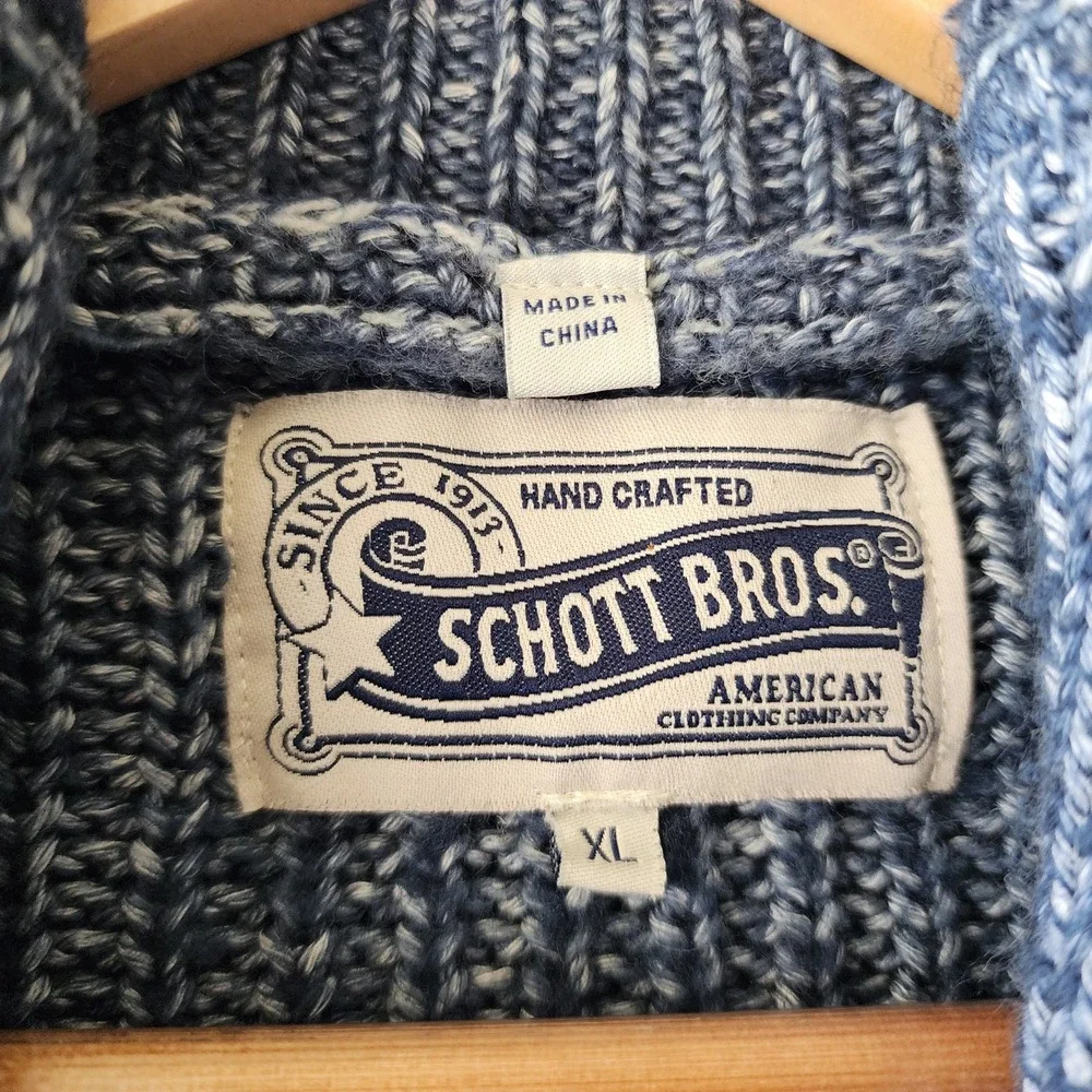 Schott Bros Cardigan Sweater Mens XL Blue Shawl Collar Handcrafted Chunky Knit